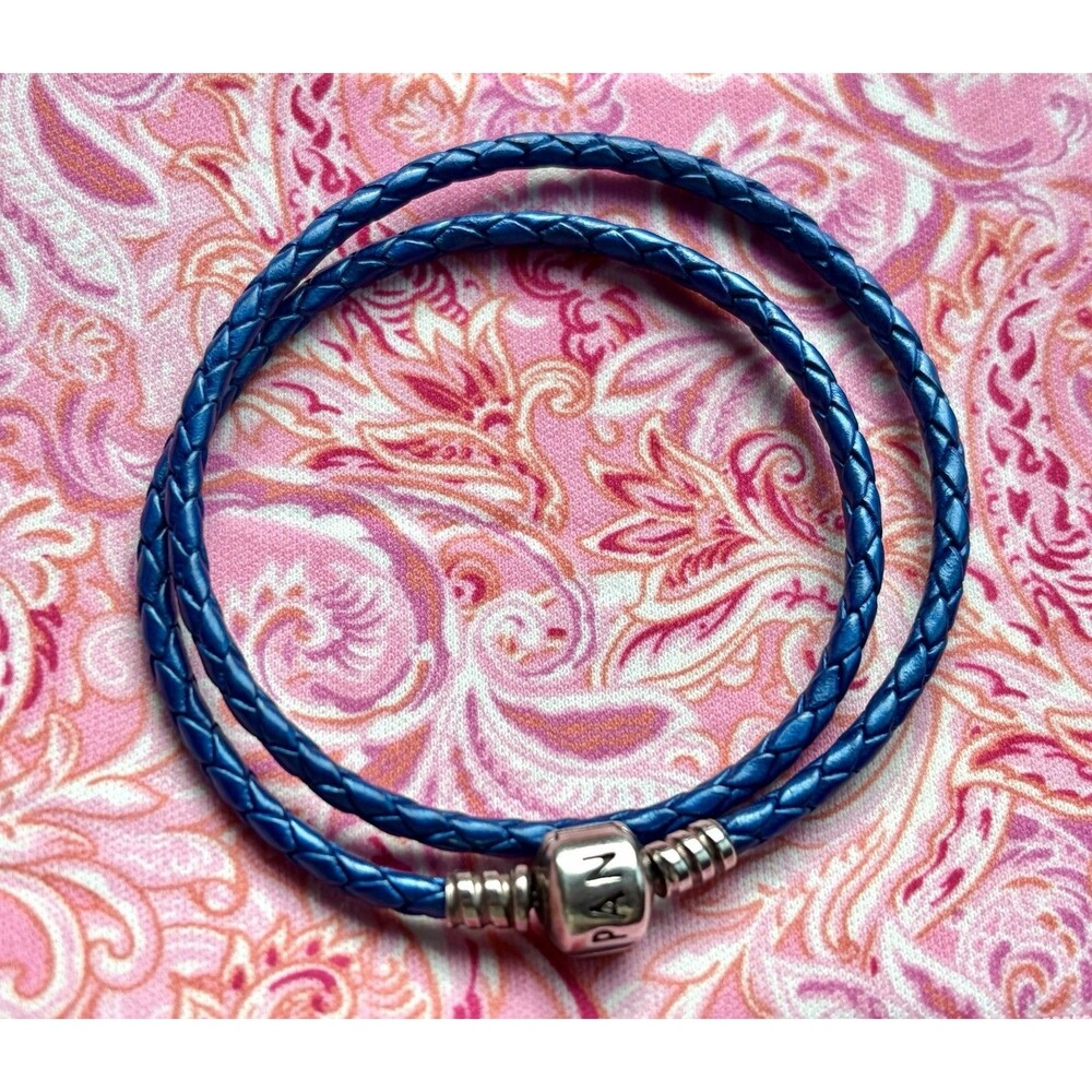 PANDORA Blue Leather Double Bracelet with Sterling Silver Clasp - EUC - Picture 2 of 5